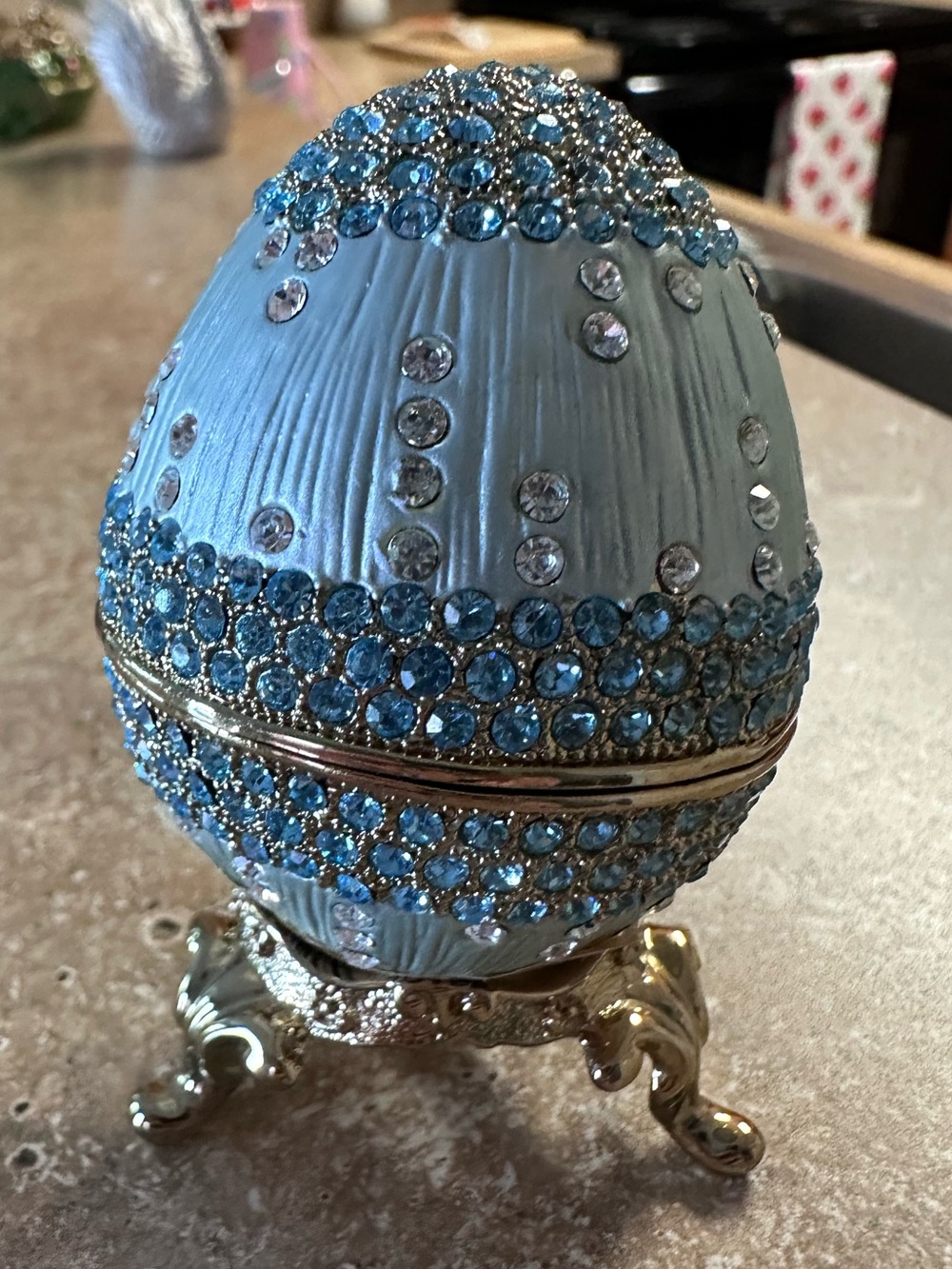 Blue Jeweled Decorative Egg Trinket Box